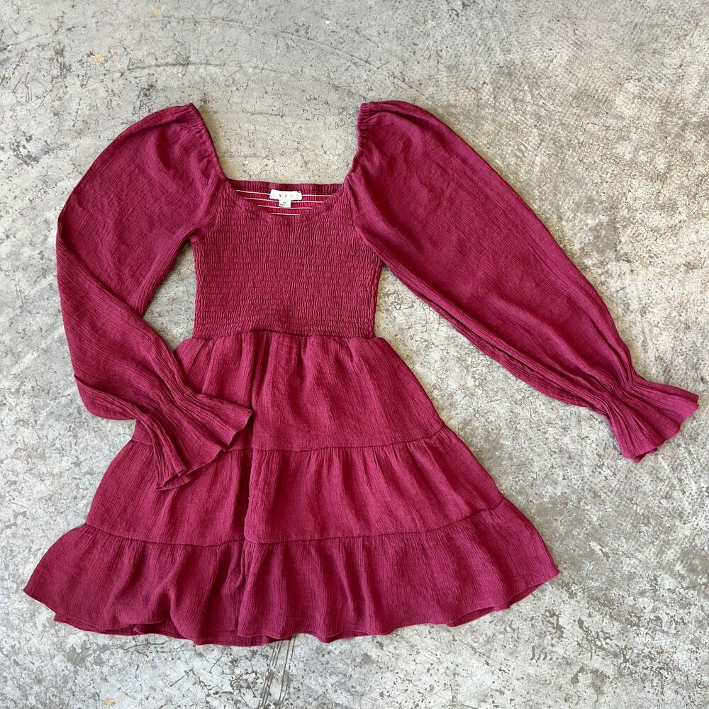 HYFV Burgundy Red Smocked Tiered Ruffle Mini Dress Puff Sleeve Women's Medium